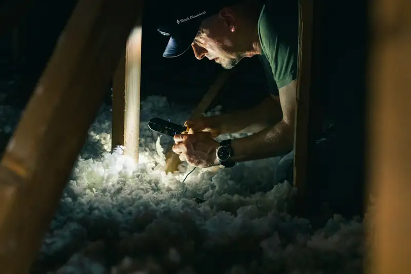 Technician inspecting attic insulation